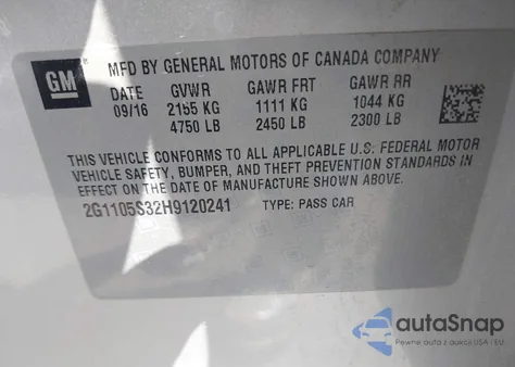 2017 Chevrolet Impala 1Lt from USA, damaged, VIN 2G1105S32H9120241